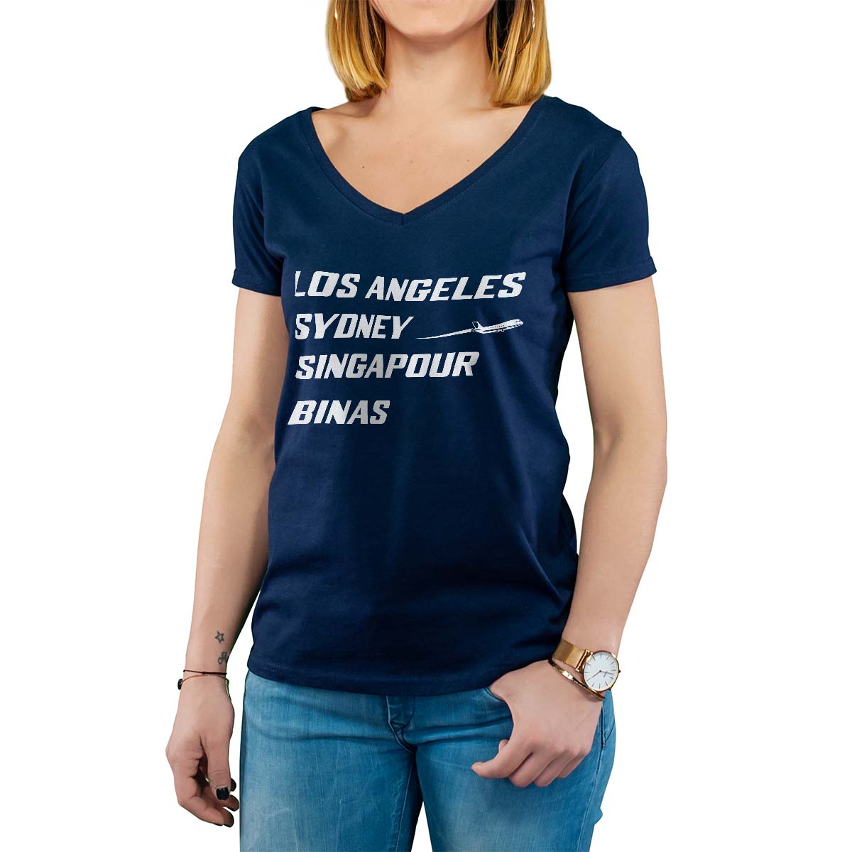 T-Shirt marine pour femme avec le message personnalisé blanc los angeles sydney singapour binas