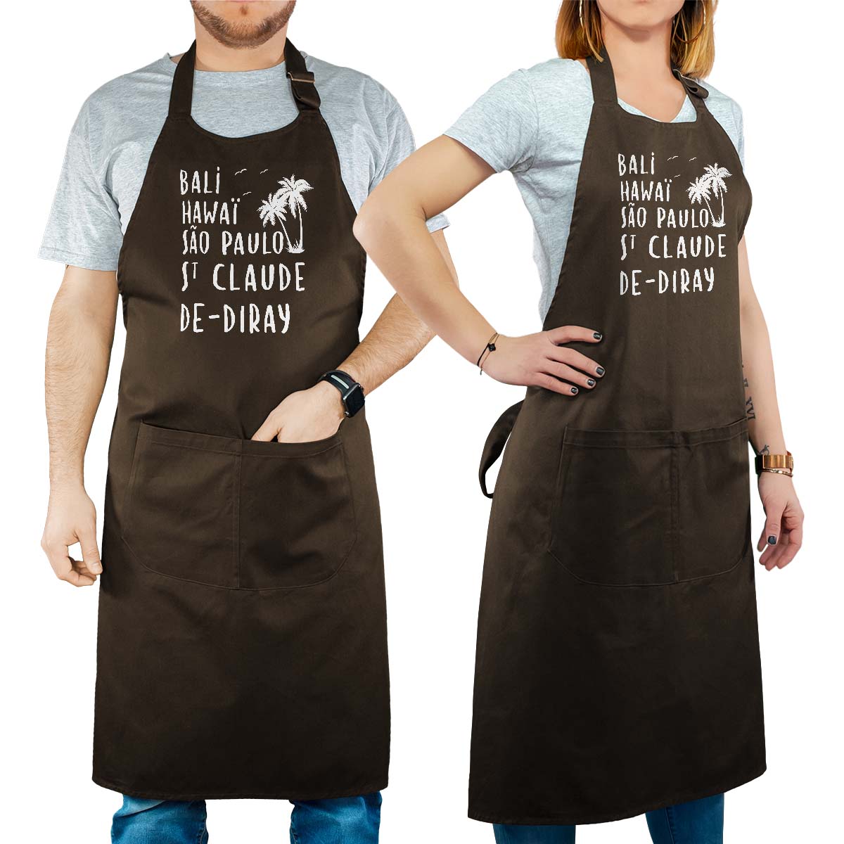 Tablier de cuisine personnalisé cacao pour femme avec le message personnalisé blanc bali hawaï sao-paulo saint-claude-de-diray