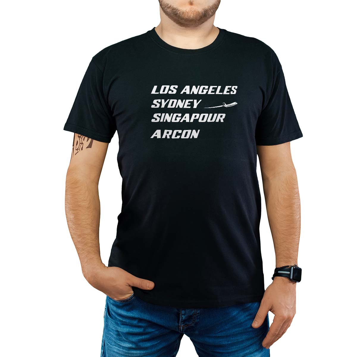 T-Shirt noir pour homme avec le message personnalisé blanc los angeles sydney singapour arcon