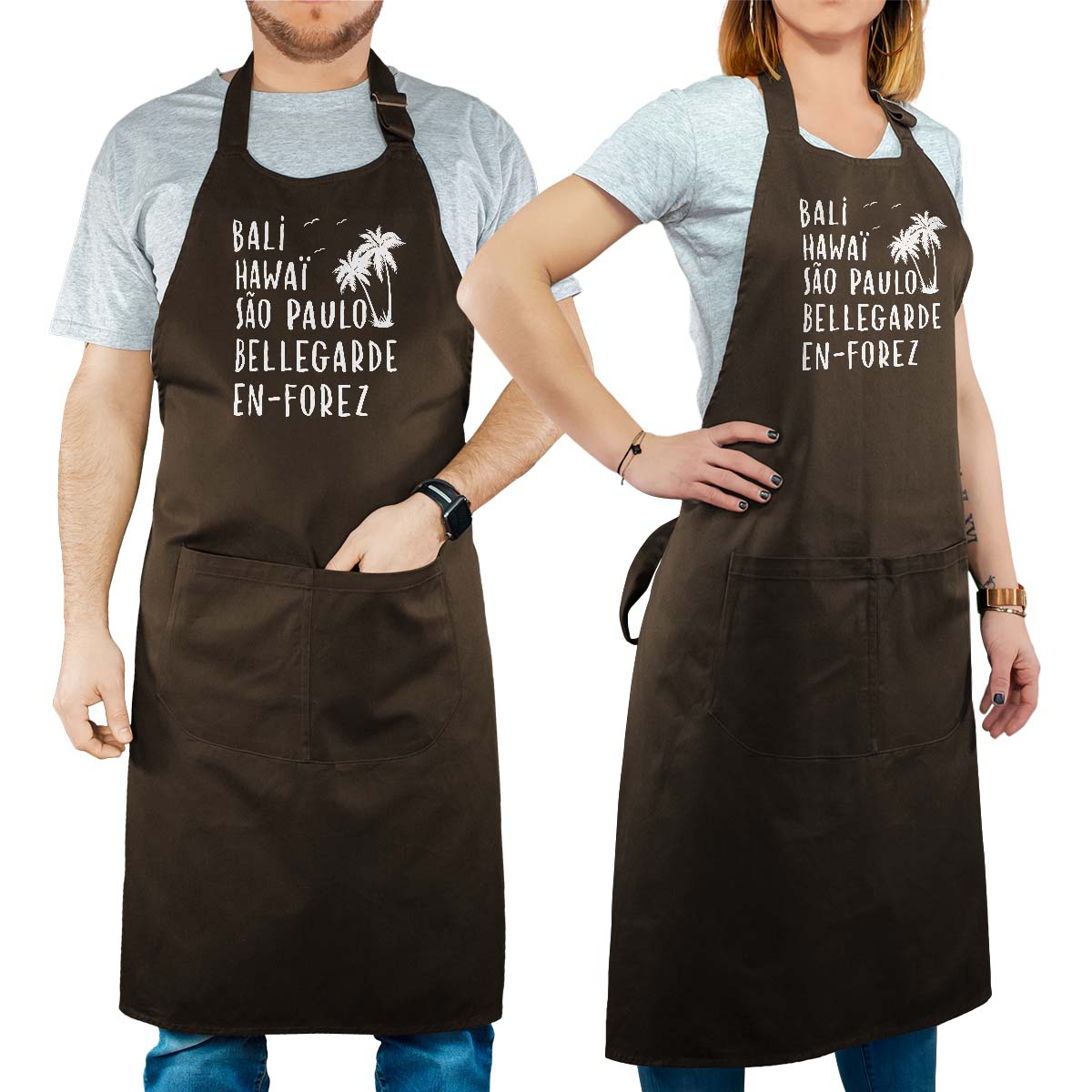 Tablier de cuisine personnalisé cacao pour femme avec le message personnalisé blanc bali hawaï sao-paulo bellegarde-en-forez
