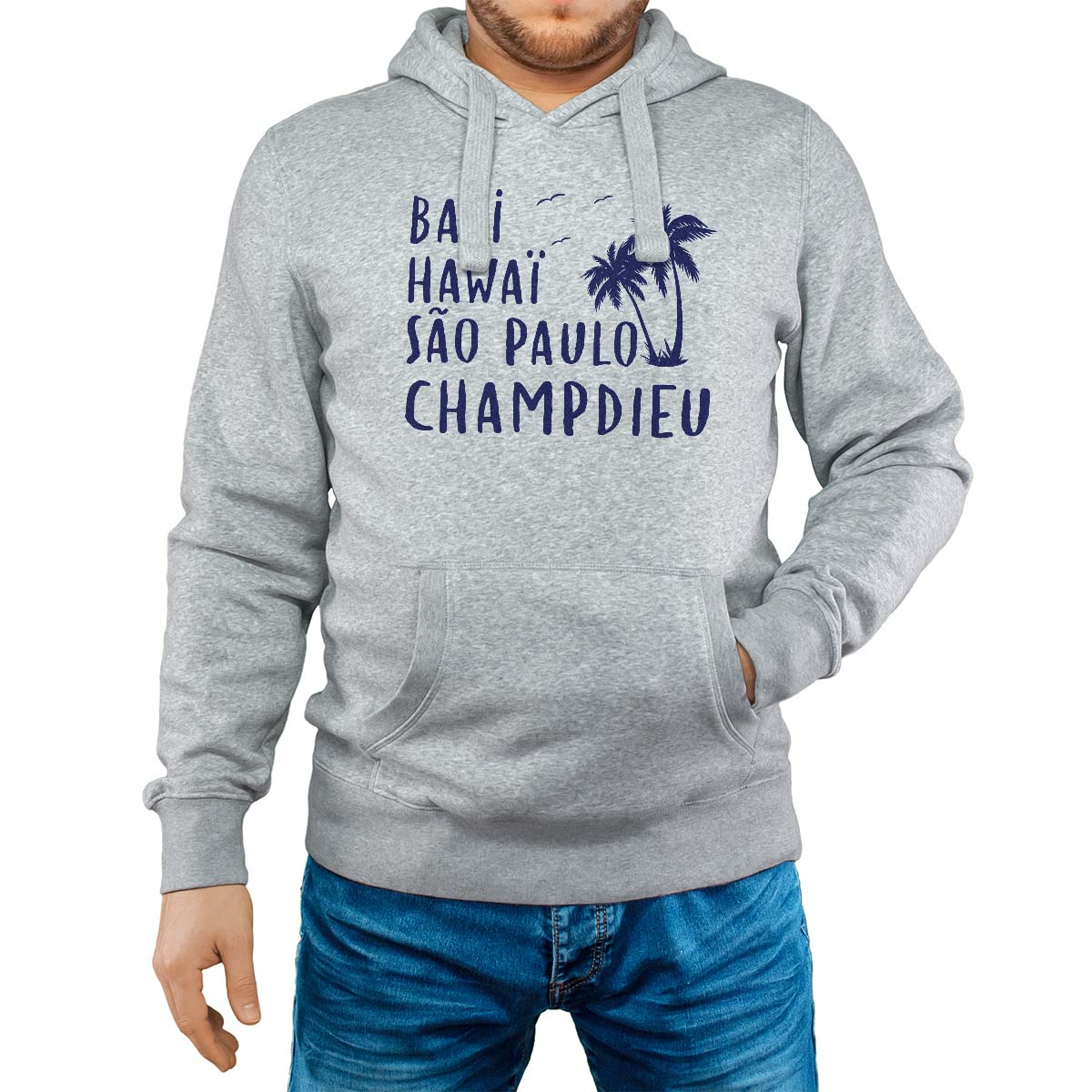 Sweat-shirt à capuche gris pour homme avec le message personnalisé marine bali hawaï sao-paulo champdieu
