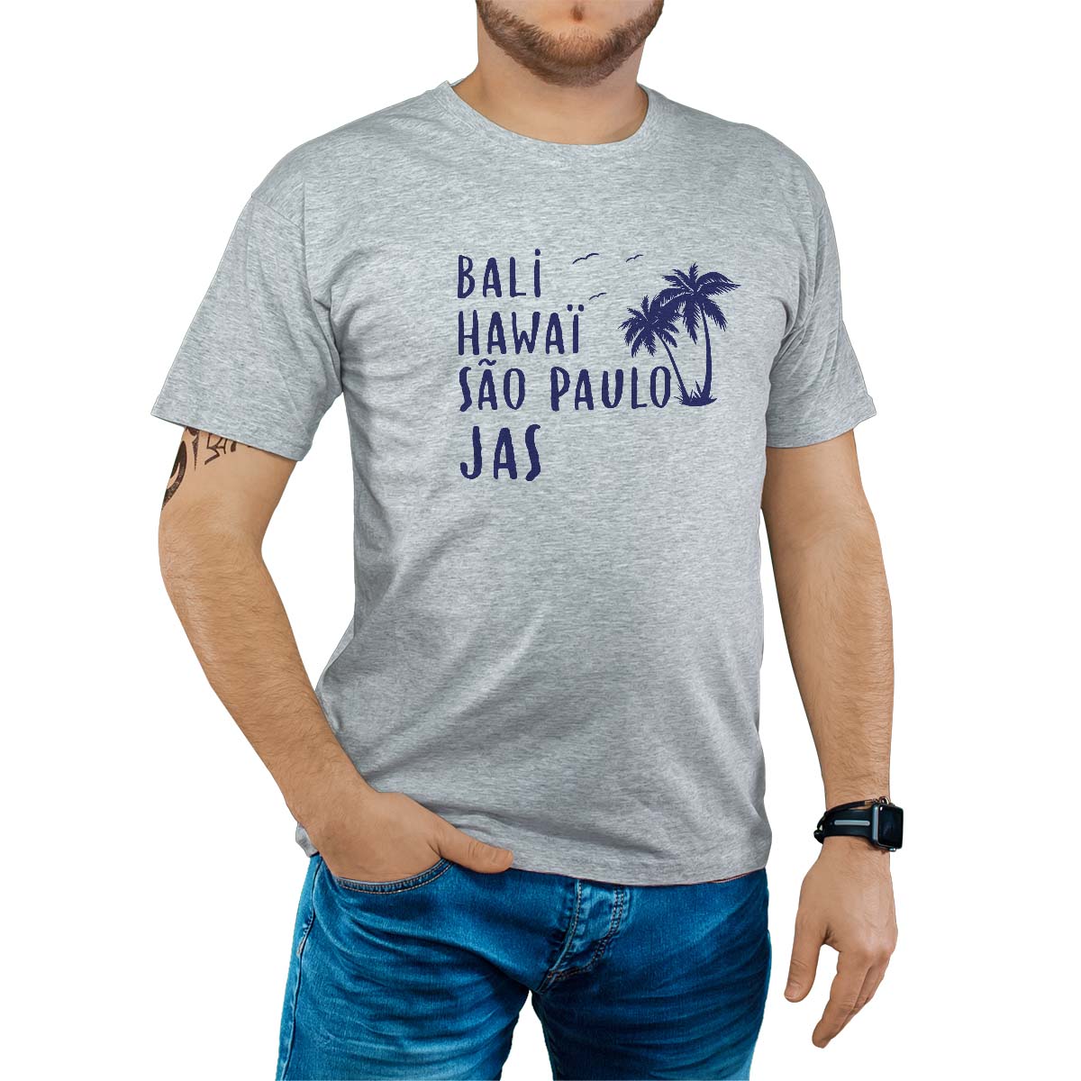 T-Shirt gris pour homme avec le message personnalisé marine bali hawaï sao-paulo jas