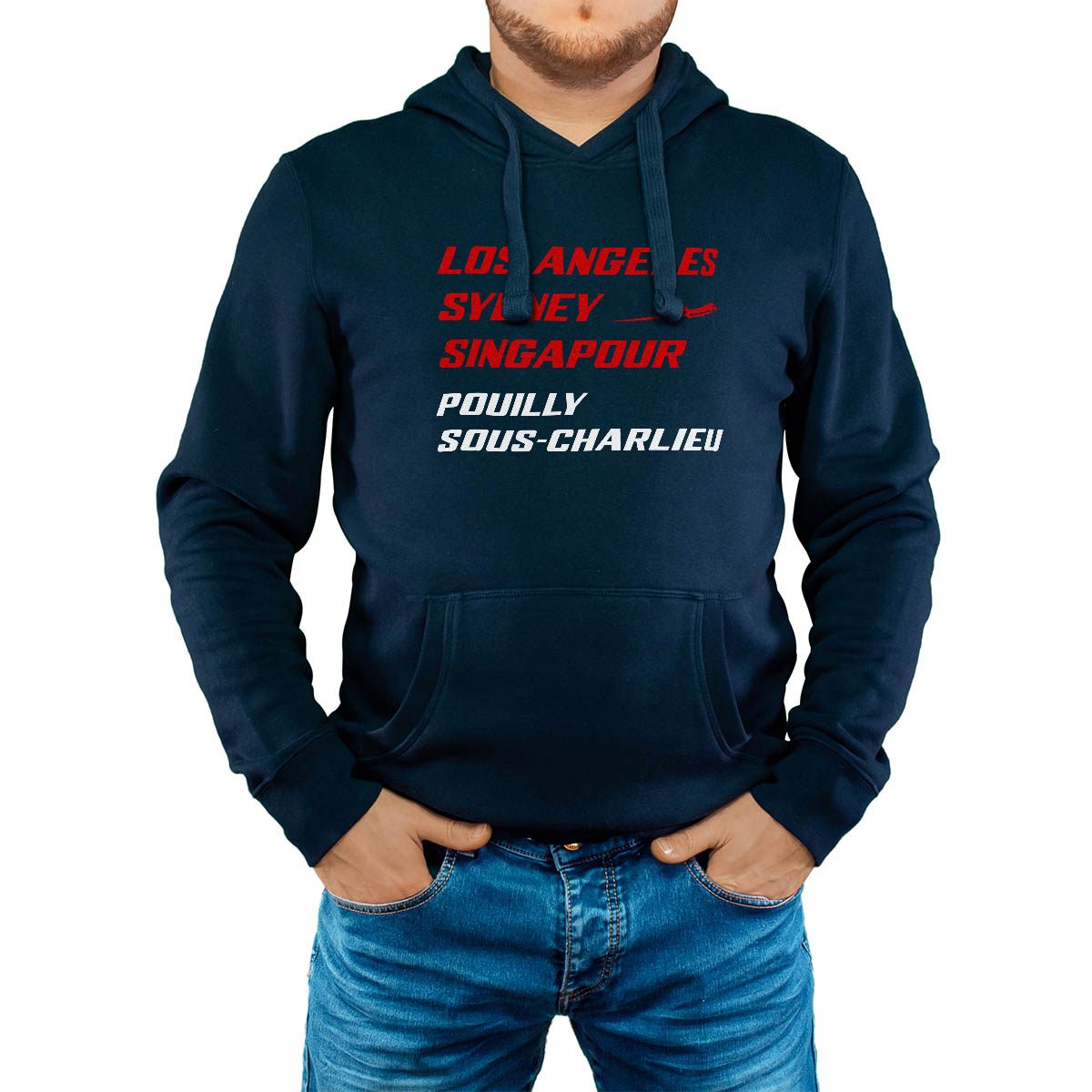 Sweat-shirt à capuche marine pour homme avec le message personnalisé rouge los angeles sydney singapour pouilly-sous-charlieu