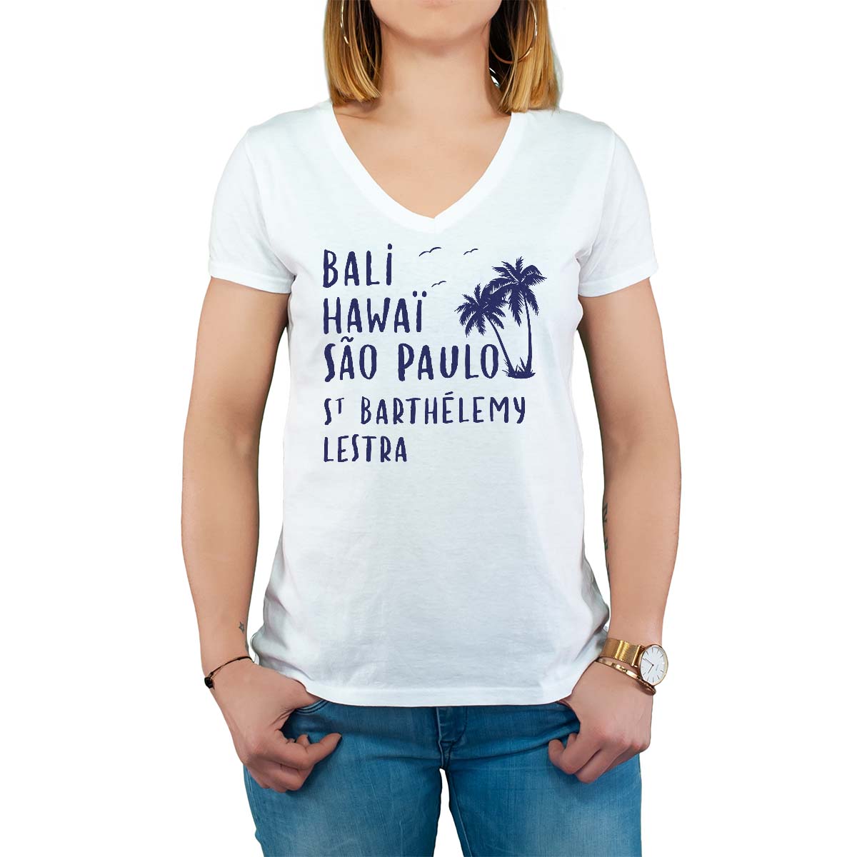 T-Shirt blanc pour femme avec le message personnalisé marine bali hawaï sao-paulo saint-barthélemy-lestra