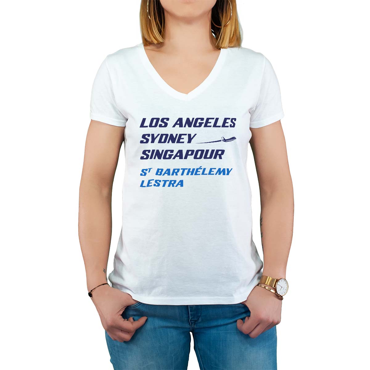 T-Shirt blanc pour femme avec le message personnalisé marine los angeles sydney singapour saint-barthélemy-lestra