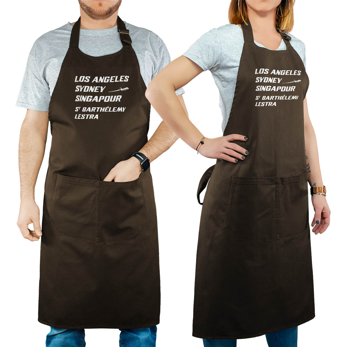 Tablier de cuisine personnalisé cacao pour femme avec le message personnalisé blanc los angeles sydney singapour saint-barthélemy-lestra