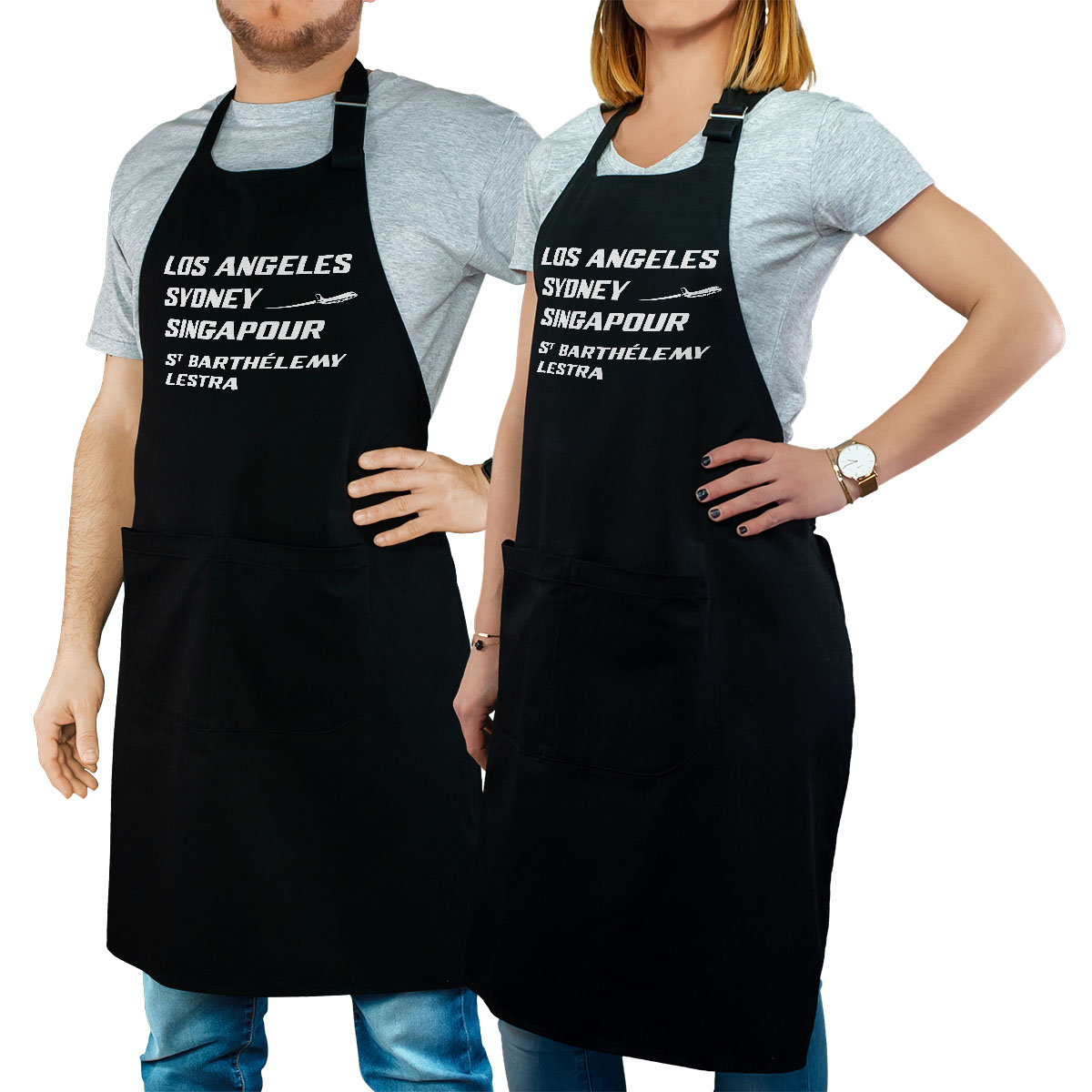 Tablier de cuisine personnalisé noir pour femme avec le message personnalisé blanc los angeles sydney singapour saint-barthélemy-lestra