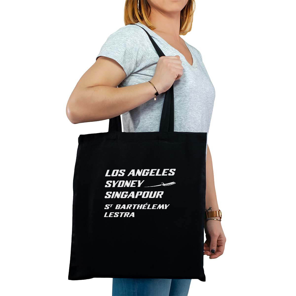 Totebag cabas personnalisé noir pour femme avec le message personnalisé blanc los angeles sydney singapour saint-barthélemy-lestra