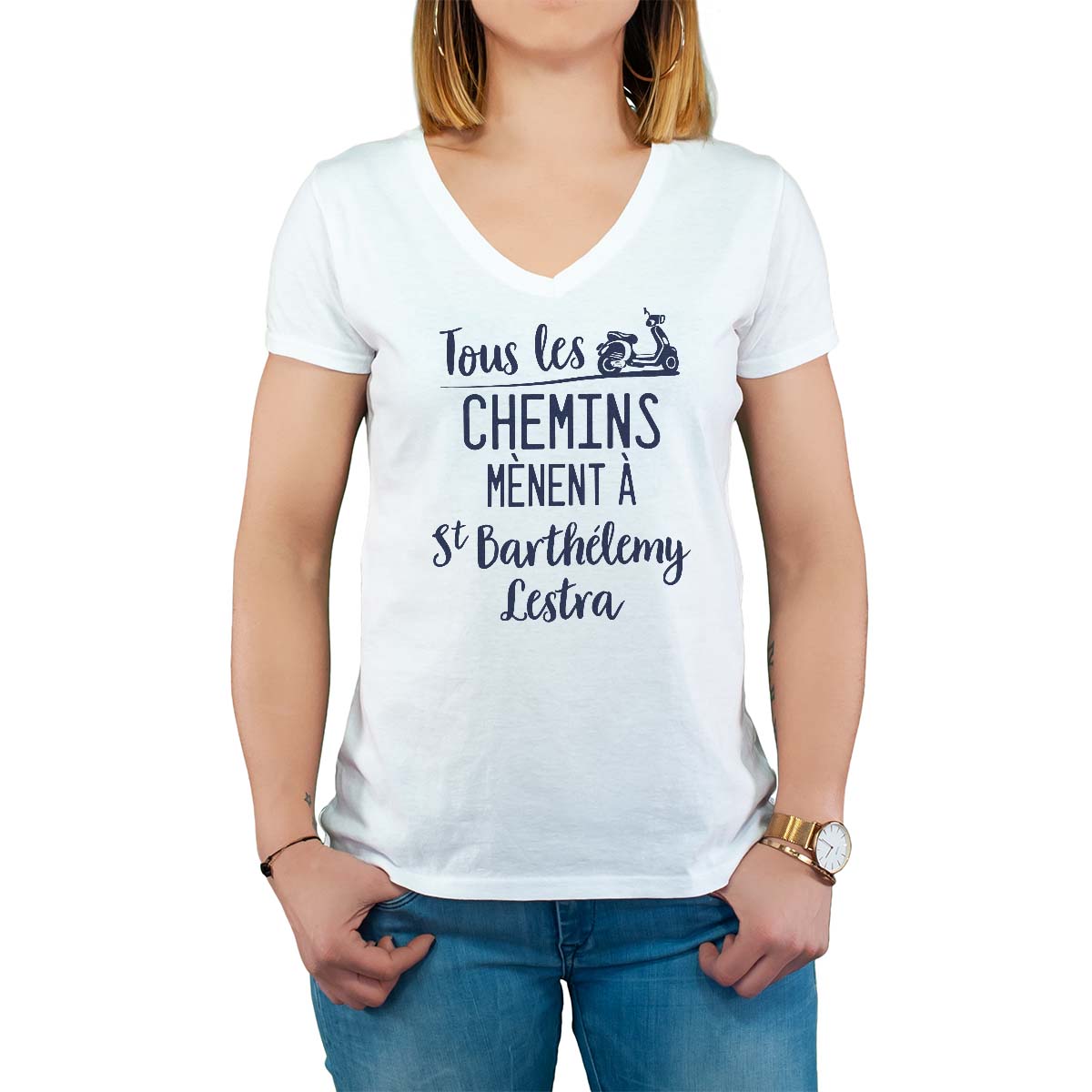 T-Shirt blanc pour femme avec le message personnalisé marine tous les chemins mènent à saint-barthélemy-lestra