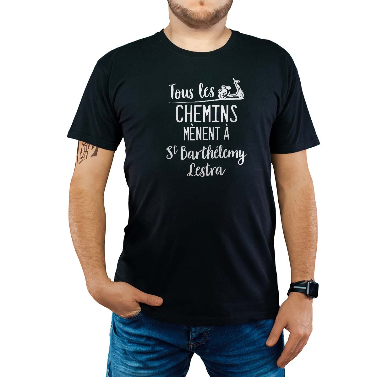 T-Shirt noir pour homme avec le message personnalisé blanc tous les chemins mènent à saint-barthélemy-lestra