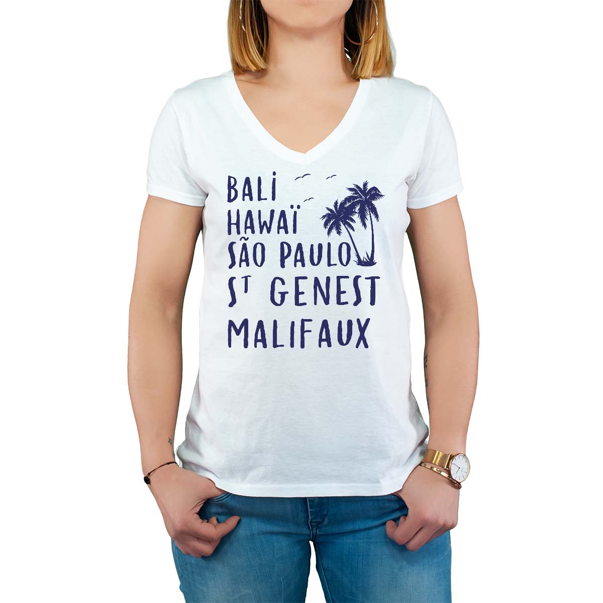 T-Shirt blanc pour femme avec le message personnalisé marine bali hawaï sao-paulo saint-genest-malifaux