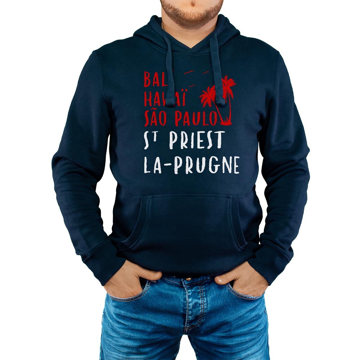 Sweat-shirt à capuche marine pour homme avec le message personnalisé rouge bali hawaï sao-paulo saint-priest-la-prugne