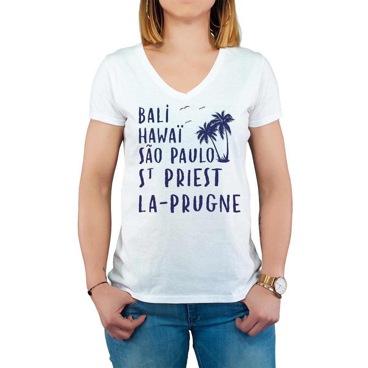 T-Shirt blanc pour femme avec le message personnalisé marine bali hawaï sao-paulo saint-priest-la-prugne