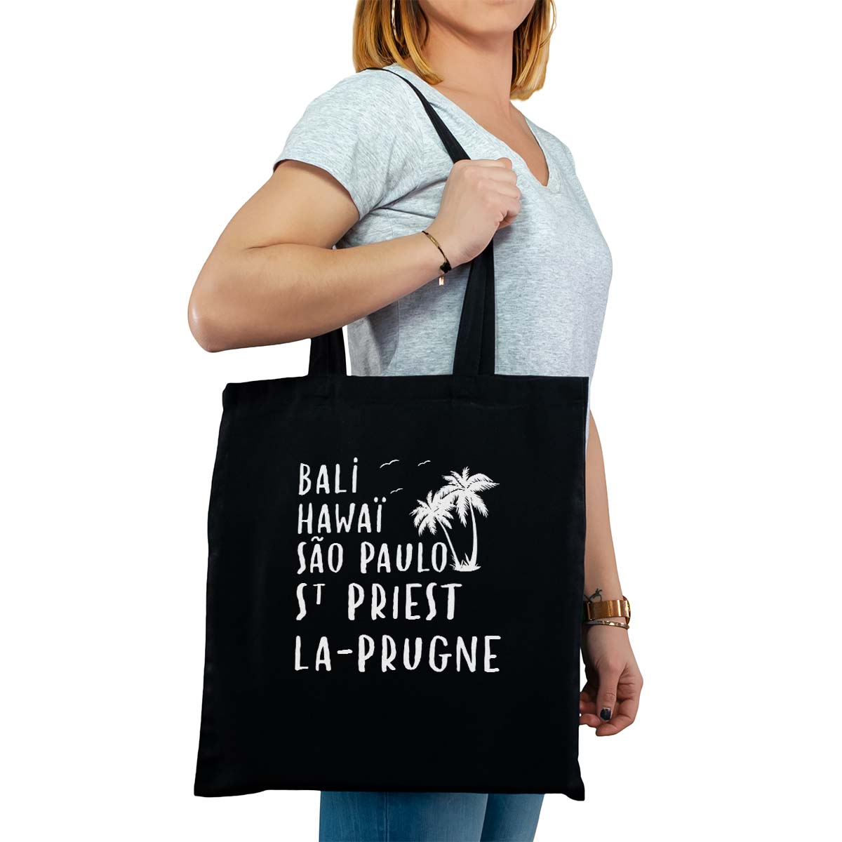 Totebag cabas personnalisé noir pour femme avec le message personnalisé blanc bali hawaï sao-paulo saint-priest-la-prugne