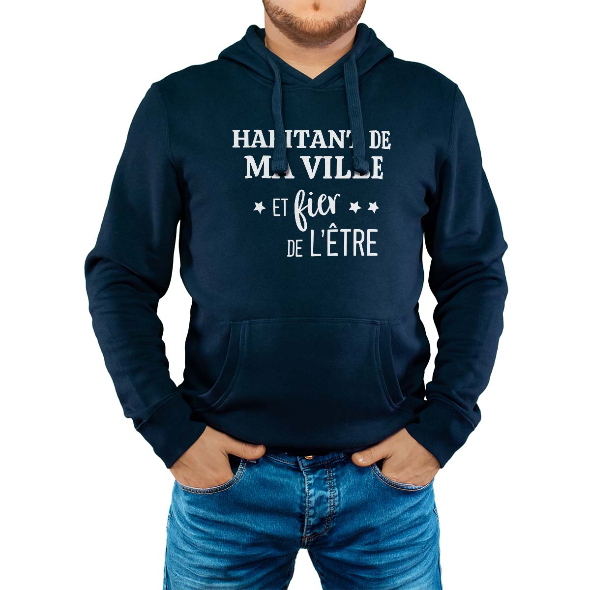 Sweat-shirt à capuche marine pour homme avec le message personnalisé blanc gentile-saint-priest-la-prugne  et fier de l'être