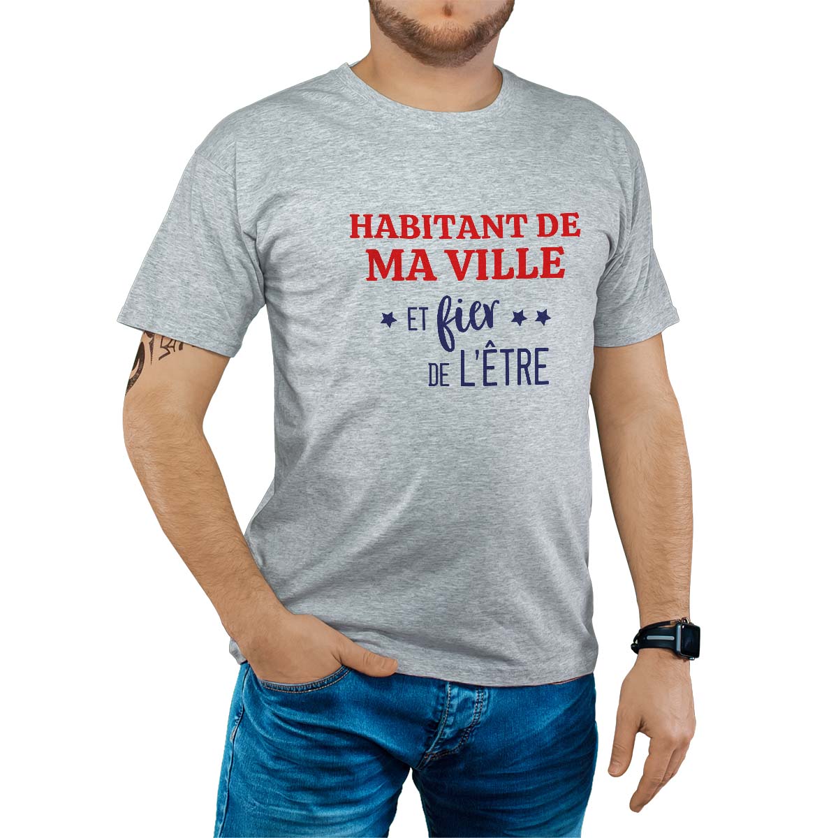 T-Shirt gris pour homme avec le message personnalisé marine gentile-saint-priest-la-prugne  et fier de l'être