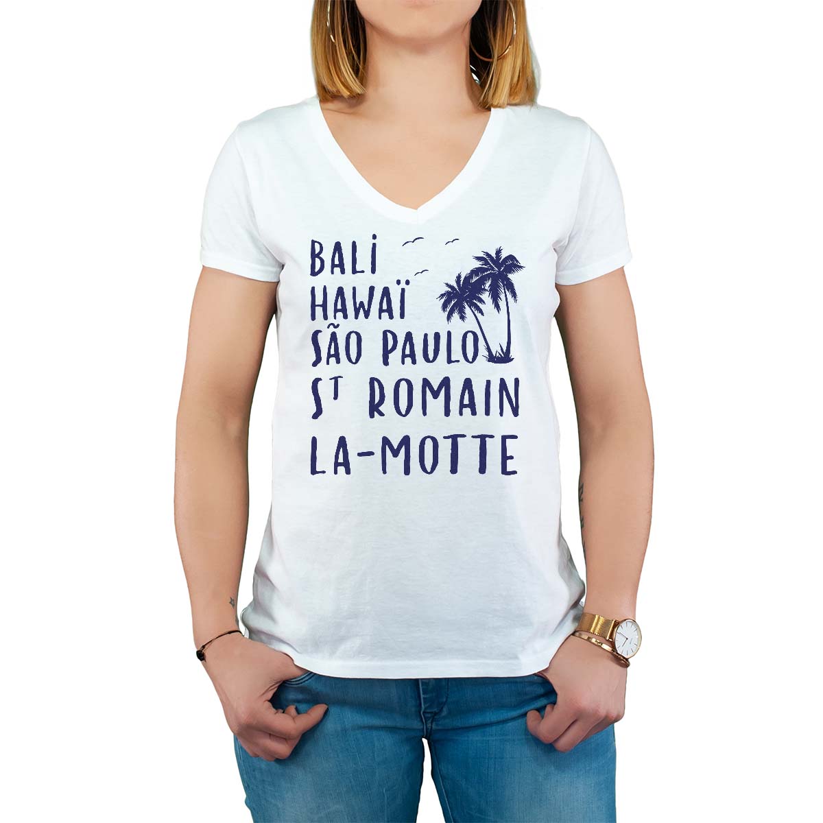 T-Shirt blanc pour femme avec le message personnalisé marine bali hawaï sao-paulo saint-romain-la-motte