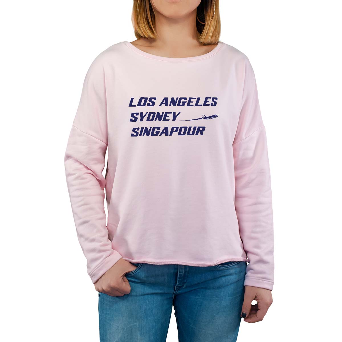 Sweat shirt rose pour femme avec le message personnalisé marine los angeles sydney singapour saint-romain-le-puy