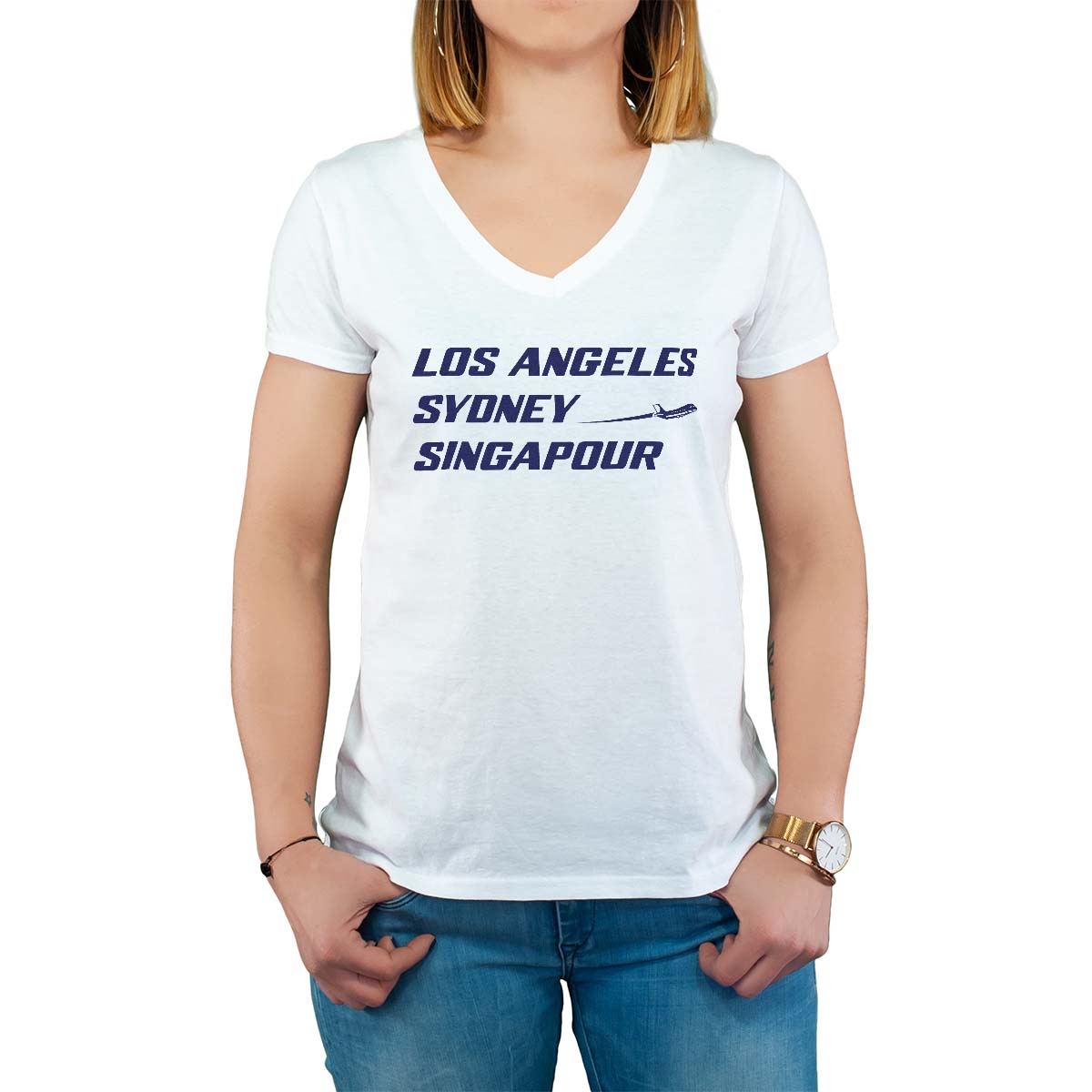 T-Shirt blanc pour femme avec le message personnalisé marine los angeles sydney singapour saint-romain-le-puy