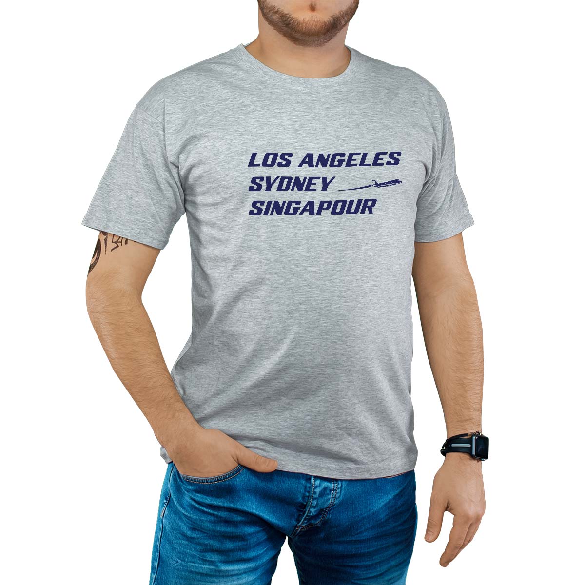 T-Shirt gris pour homme avec le message personnalisé marine los angeles sydney singapour saint-romain-le-puy
