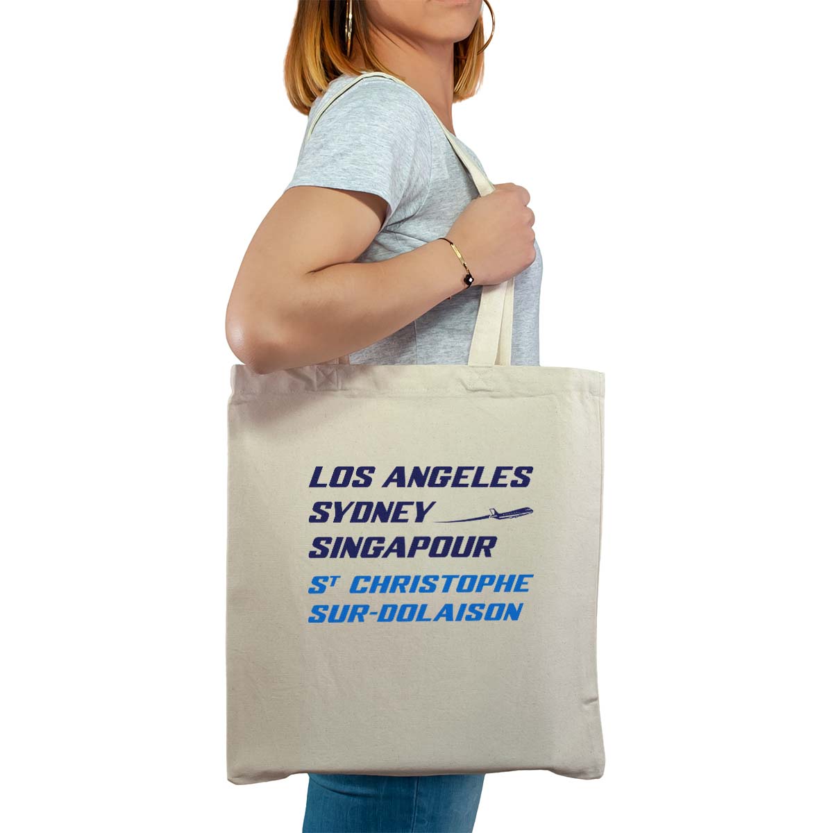 Totebag cabas personnalisé naturel pour femme avec le message personnalisé marine los angeles sydney singapour saint-christophe-sur-dolaison