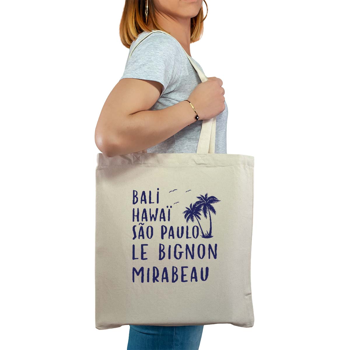 Totebag cabas personnalisé naturel pour femme avec le message personnalisé marine bali hawaï sao-paulo le bignon-mirabeau