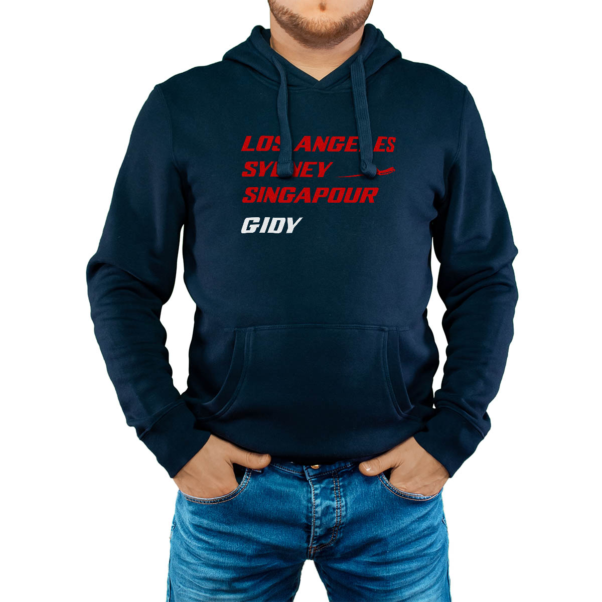 Sweat-shirt à capuche marine pour homme avec le message personnalisé rouge los angeles sydney singapour gidy
