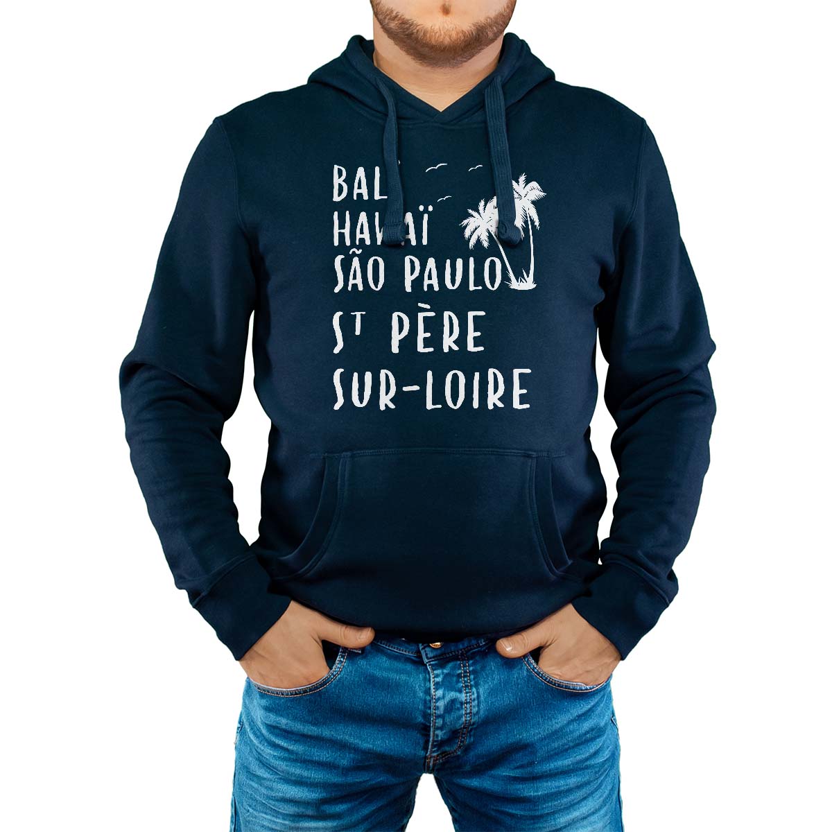 Sweat-shirt à capuche marine pour homme avec le message personnalisé blanc bali hawaï sao-paulo saint-père-sur-loire