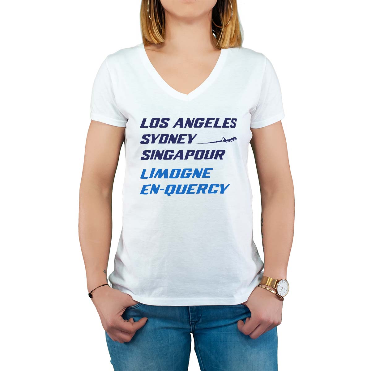 T-Shirt blanc pour femme avec le message personnalisé marine los angeles sydney singapour limogne-en-quercy