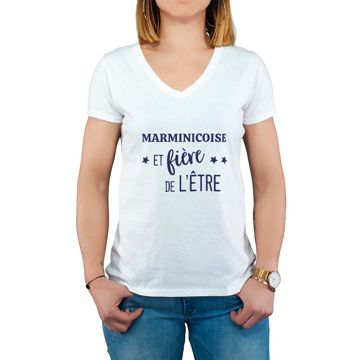 T-Shirt blanc pour femme avec le message personnalisé marine marminicoise  et fière de l'être