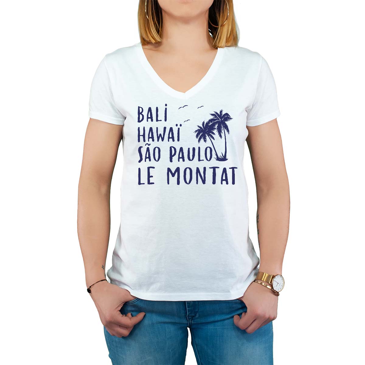 T-Shirt blanc pour femme avec le message personnalisé marine bali hawaï sao-paulo le montat