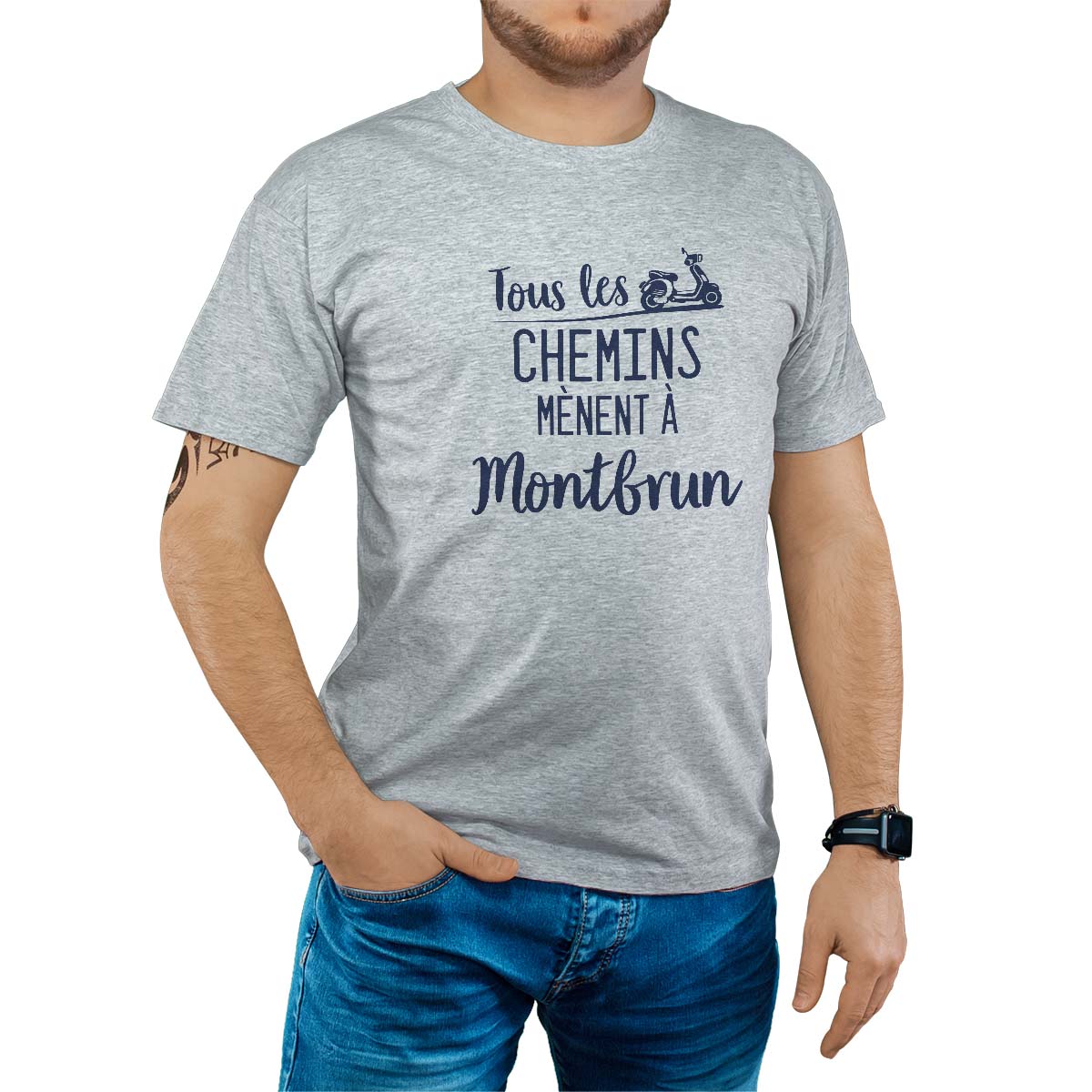 T-Shirt gris pour homme avec le message personnalisé marine tous les chemins mènent à montbrun
