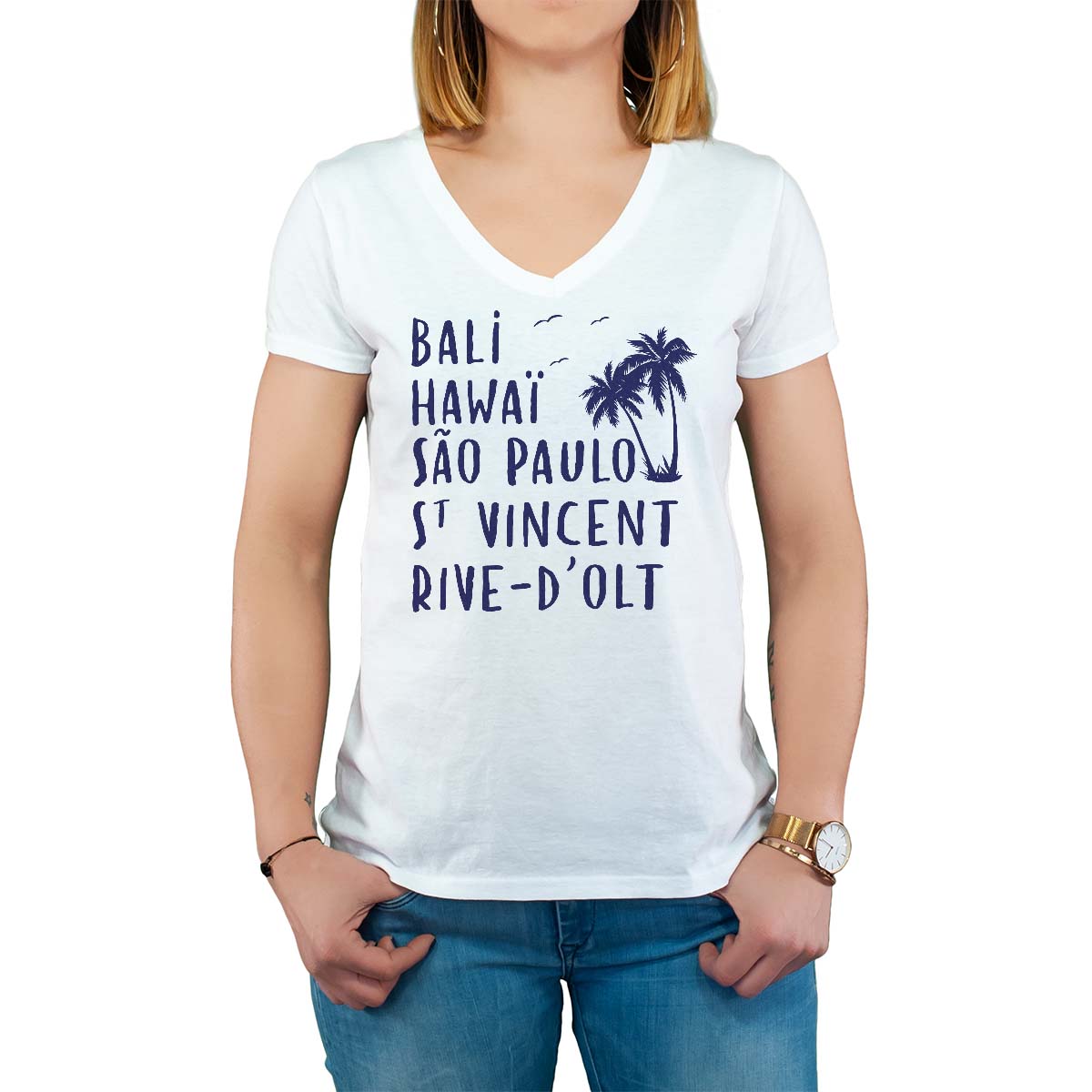 T-Shirt blanc pour femme avec le message personnalisé marine bali hawaï sao-paulo saint-vincent-rive-d'olt