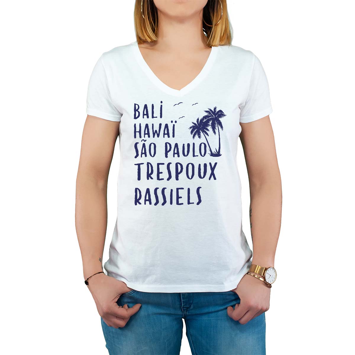 T-Shirt blanc pour femme avec le message personnalisé marine bali hawaï sao-paulo trespoux-rassiels