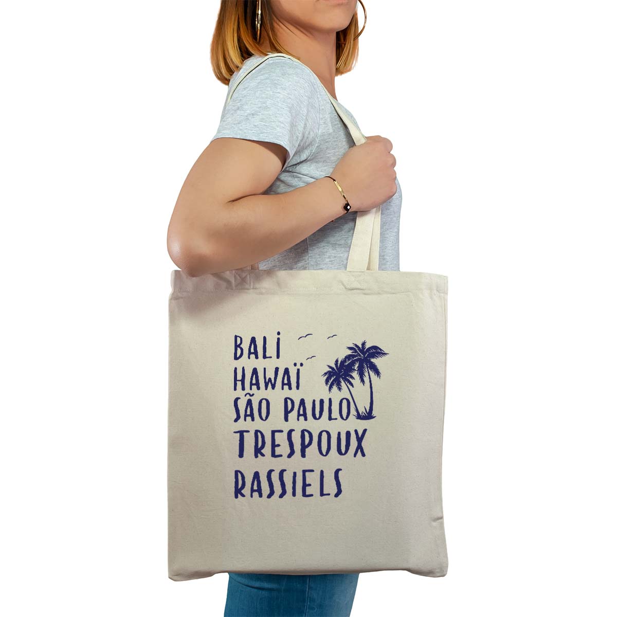 Totebag cabas personnalisé naturel pour femme avec le message personnalisé marine bali hawaï sao-paulo trespoux-rassiels
