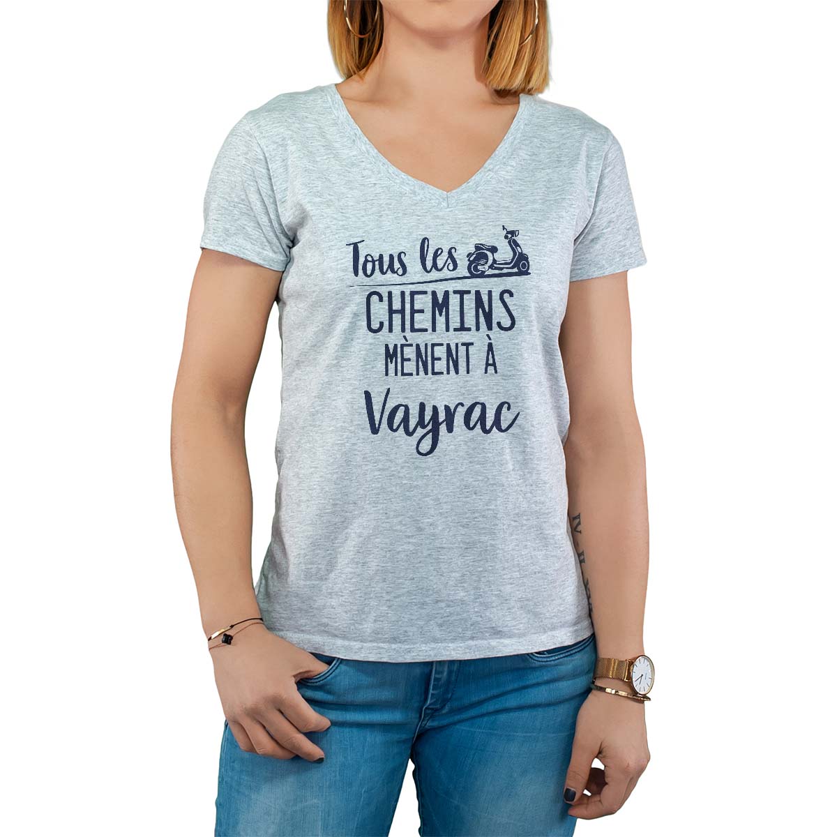 T-Shirt gris pour femme avec le message personnalisé marine tous les chemins mènent à vayrac