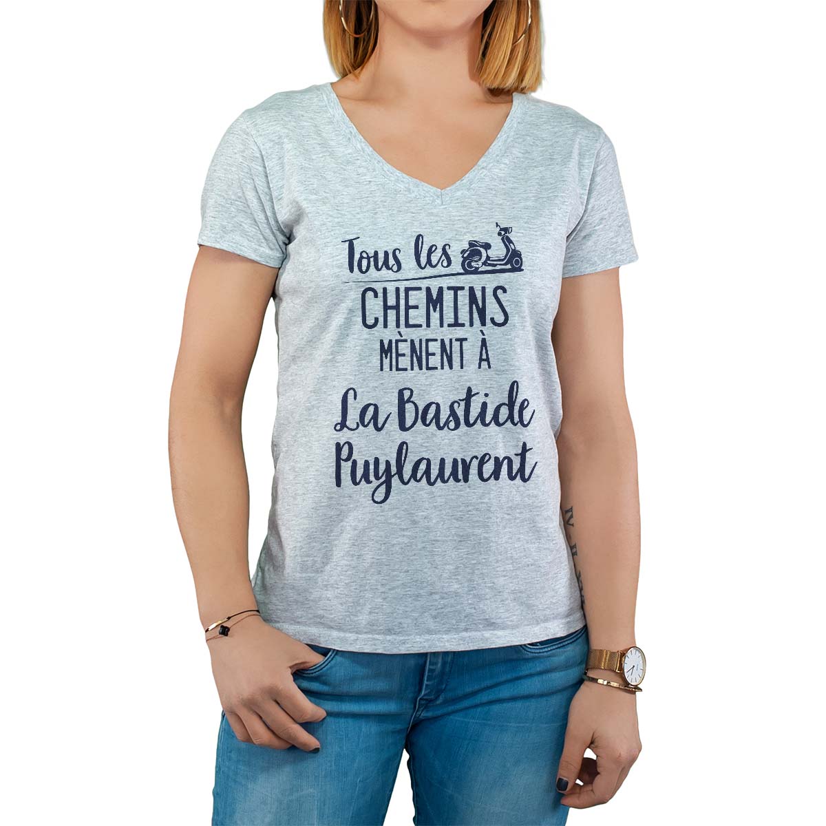T-Shirt gris pour femme avec le message personnalisé marine tous les chemins mènent à la bastide-puylaurent