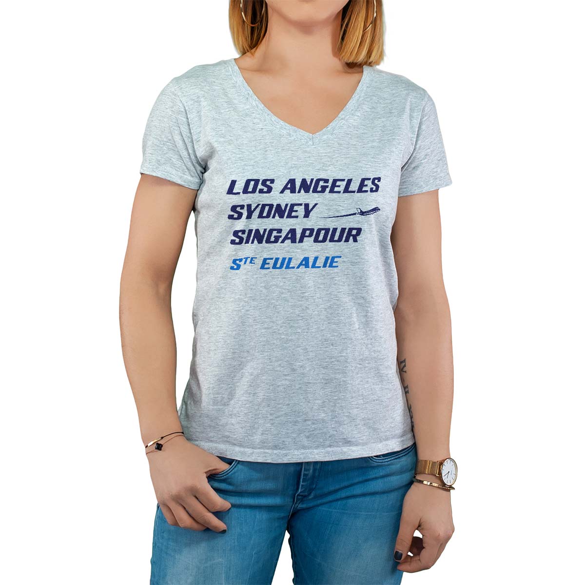 T-Shirt gris pour femme avec le message personnalisé marine los angeles sydney singapour sainte-eulalie