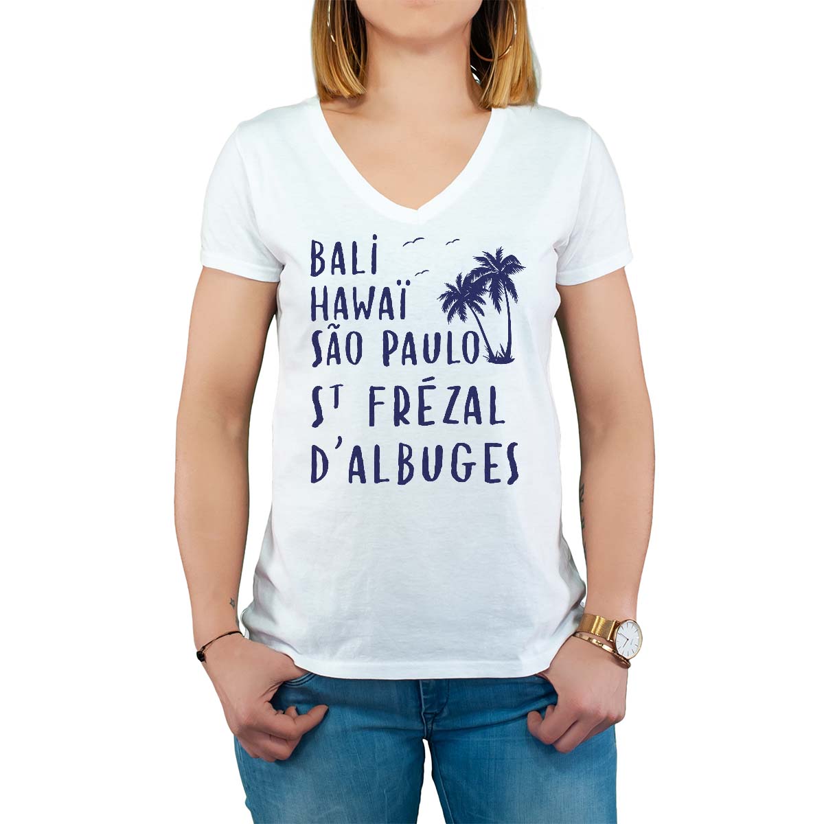 T-Shirt blanc pour femme avec le message personnalisé marine bali hawaï sao-paulo saint-frézal-d'albuges