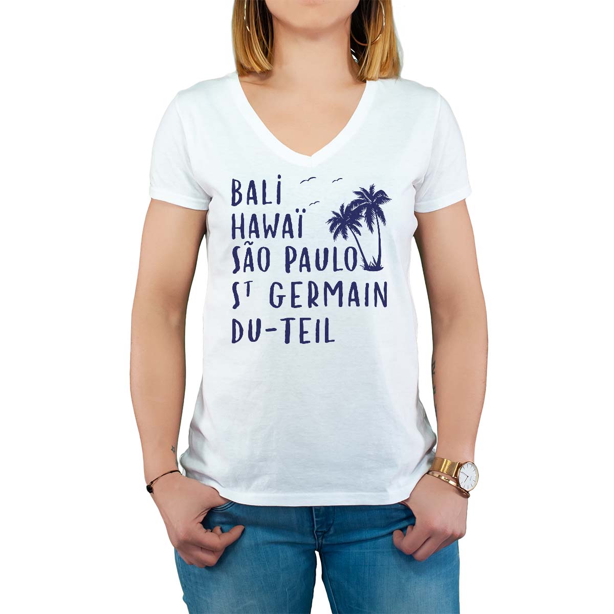 T-Shirt blanc pour femme avec le message personnalisé marine bali hawaï sao-paulo saint-germain-du-teil