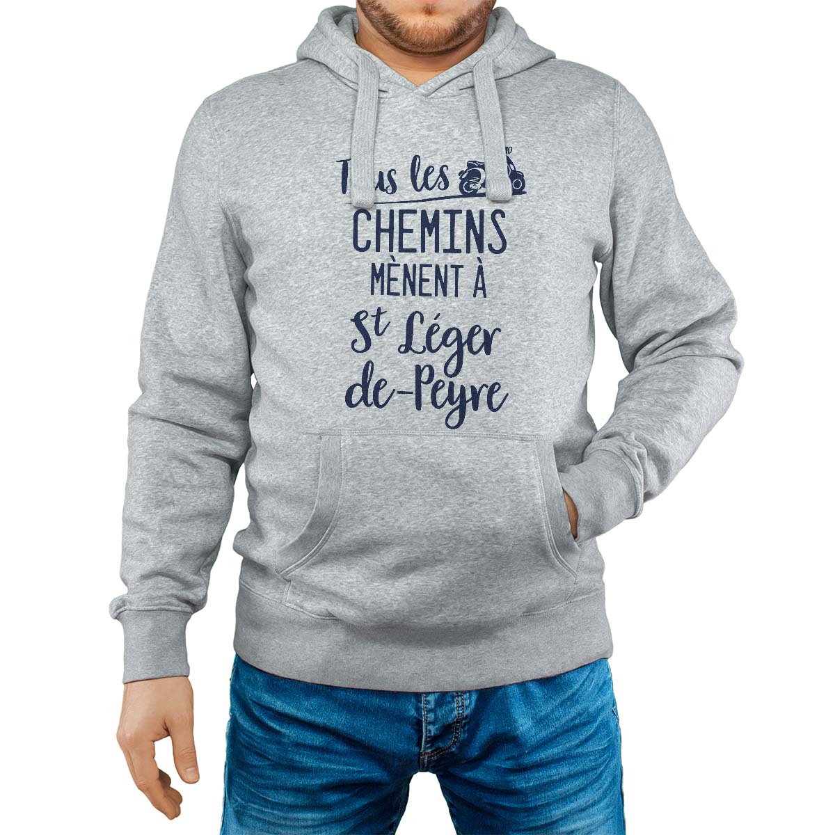Sweat-shirt à capuche gris pour homme avec le message personnalisé marine tous les chemins mènent à saint-léger-de-peyre
