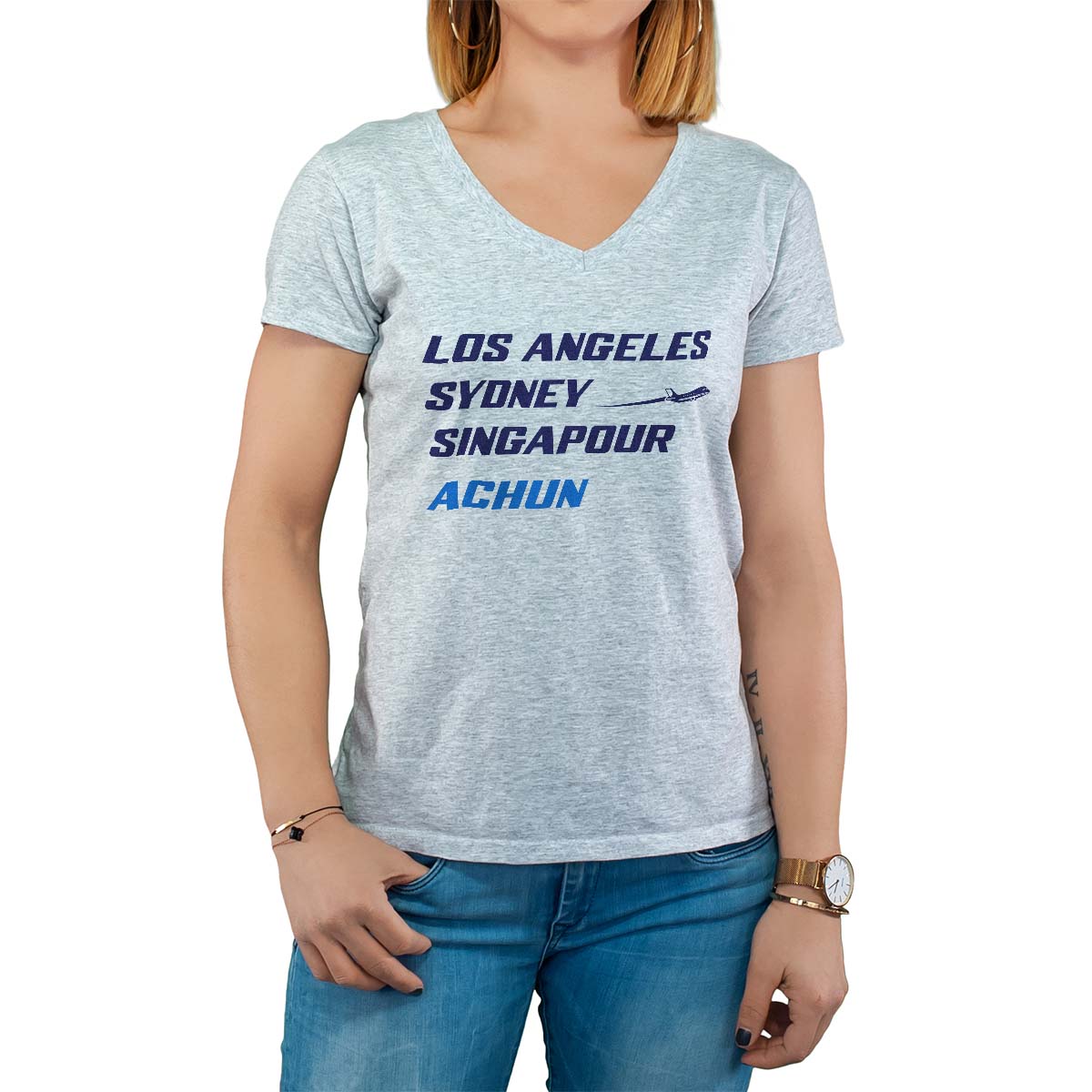 T-Shirt gris pour femme avec le message personnalisé marine los angeles sydney singapour achun