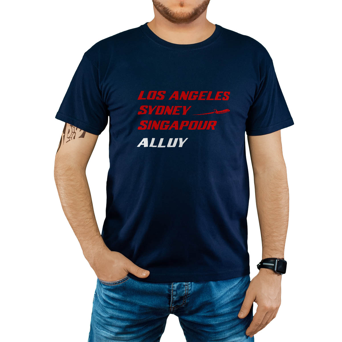 T-Shirt marine pour homme avec le message personnalisé rouge los angeles sydney singapour alluy
