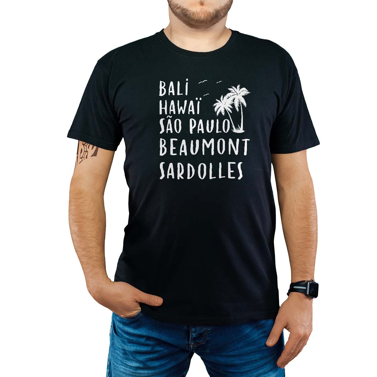 T-Shirt noir pour homme avec le message personnalisé blanc bali hawaï sao-paulo beaumont-sardolles