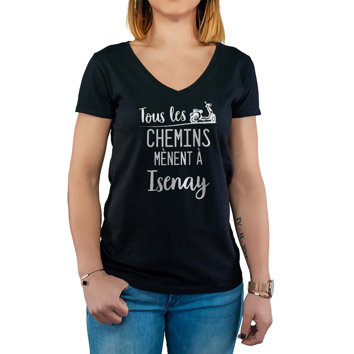 T-Shirt noir pour femme avec le message personnalisé blanc tous les chemins mènent à isenay