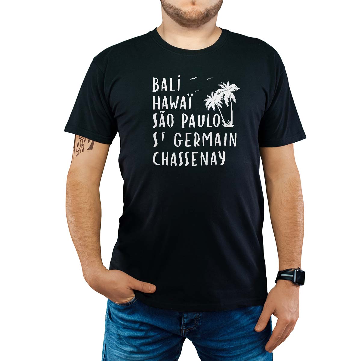 T-Shirt noir pour homme avec le message personnalisé blanc bali hawaï sao-paulo saint-germain-chassenay