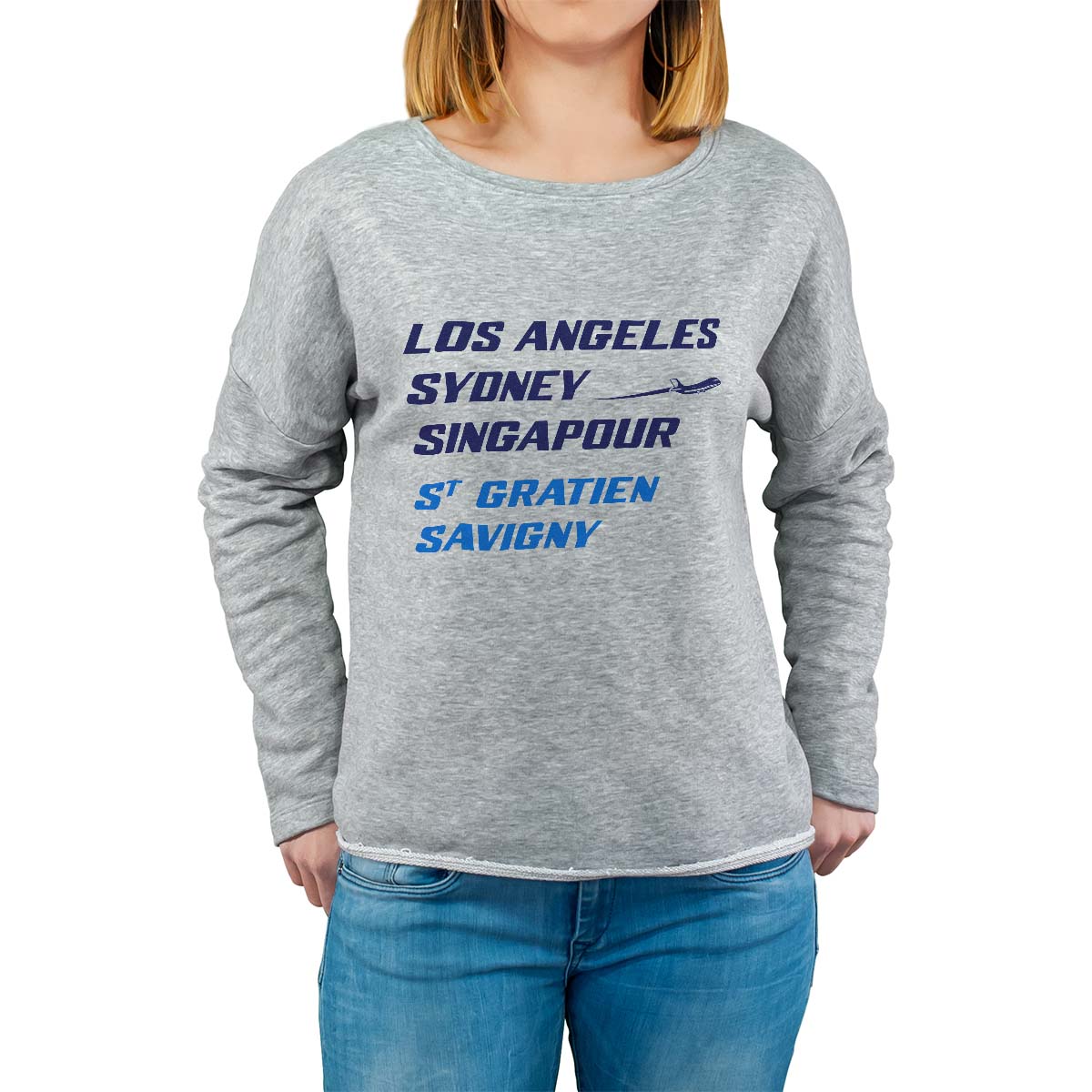 Sweat shirt gris pour femme avec le message personnalisé marine los angeles sydney singapour saint-gratien-savigny