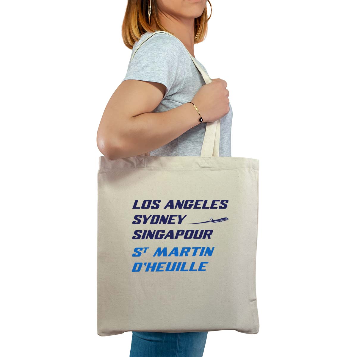 Totebag cabas personnalisé naturel pour femme avec le message personnalisé marine los angeles sydney singapour saint-martin-d'heuille