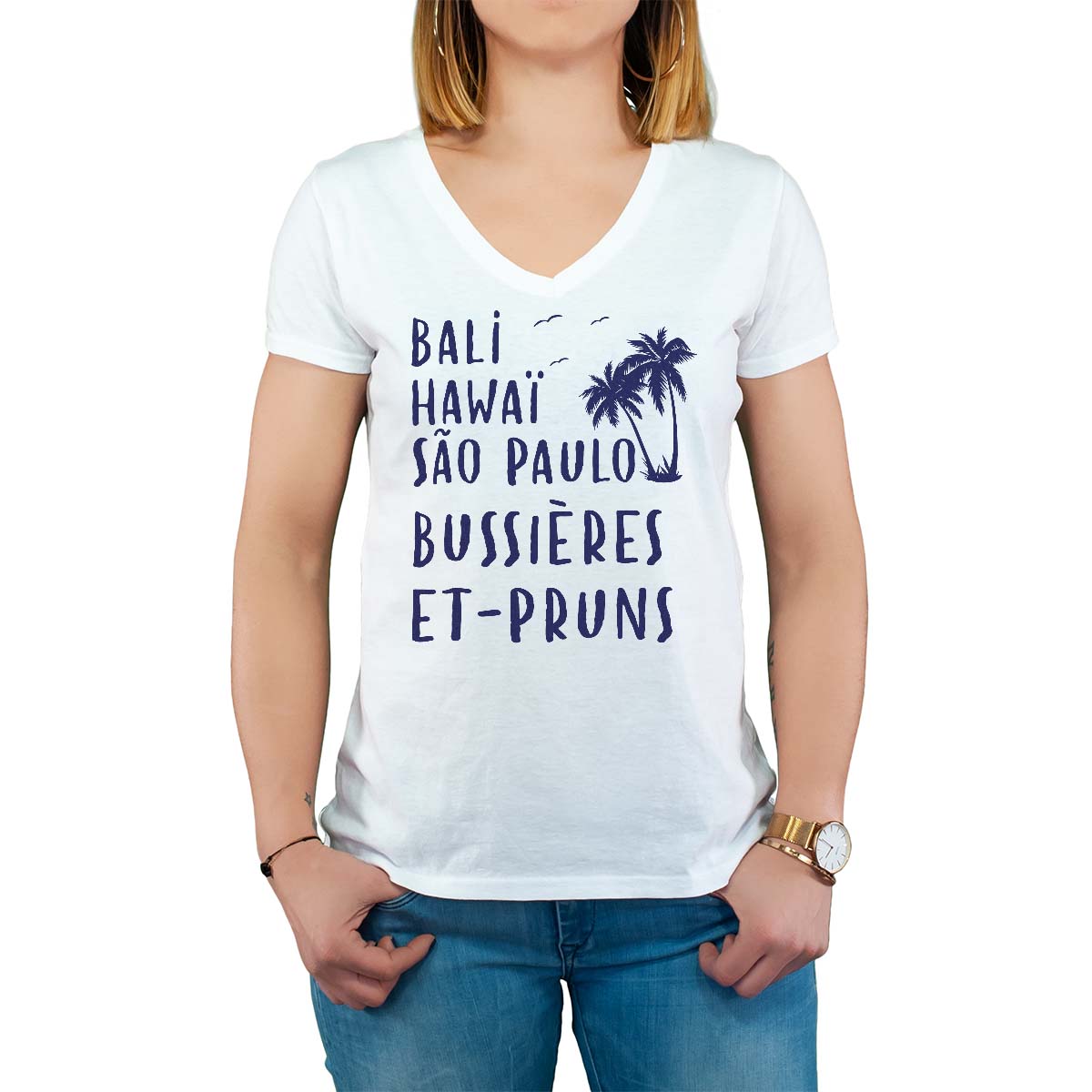 T-Shirt blanc pour femme avec le message personnalisé marine bali hawaï sao-paulo bussières-et-pruns