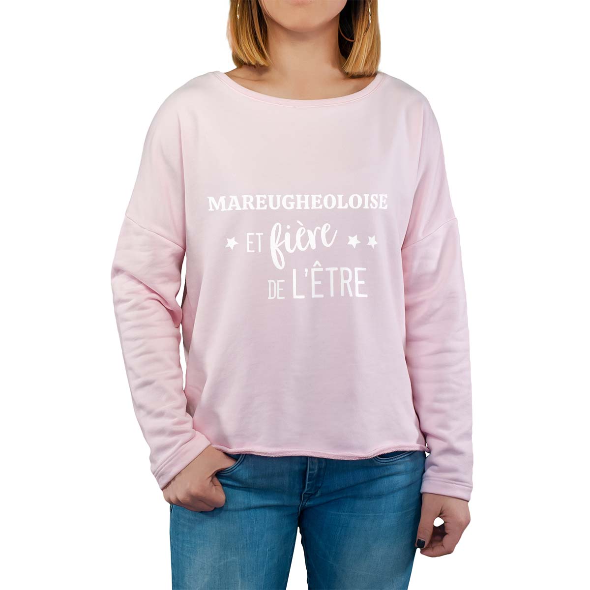 Sweat shirt rose pour femme avec le message personnalisé blanc mareugheoloise  et fière de l'être